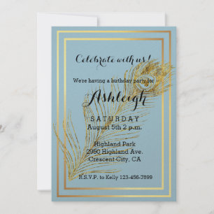 Elegant Gold Glam Peacock Feather birthday Invitation