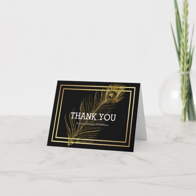 Elegant Gold Glam Peacock Feather Thank you Card (Front)