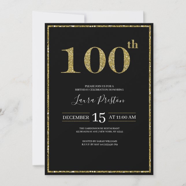 Elegant Gold Glitter 100th Birthday Invitation (Front)