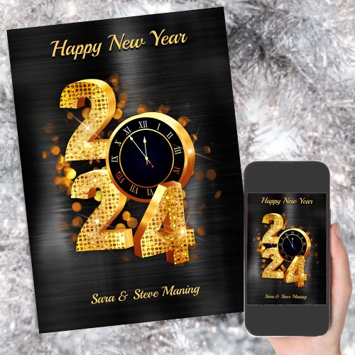 Elegant gold glitter 2024 new year greeting holiday card