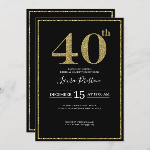 Elegant Gold Glitter 40th Birthday Invitation | Zazzle