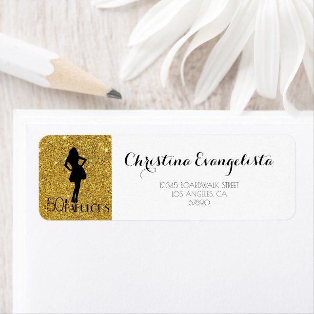 Elegant Gold Glitter 50 & FABULOUS Silhouette Label (Insitu)