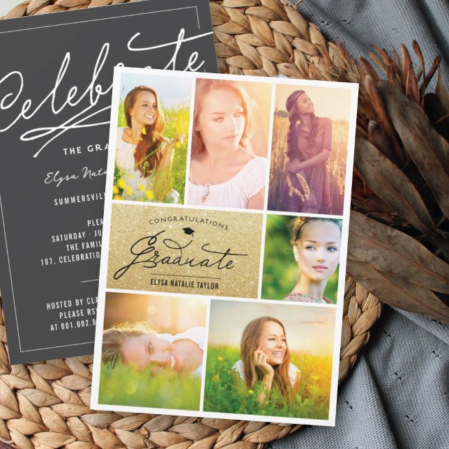Elegant Gold Glitter 6 Photo Chic Graduation Party Invitation (Creator Uploaded)