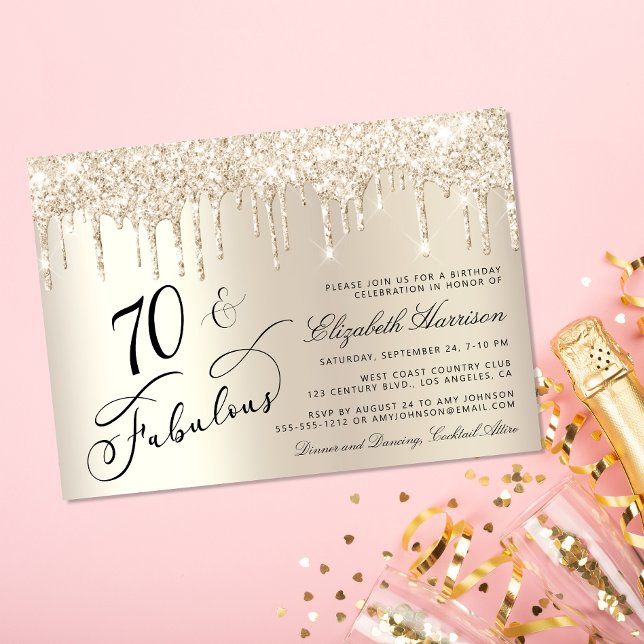 Elegant Gold Glitter 70th Birthday Party Invitation (Celebrate her 75 years of sparkle with an elegant gold glitter birthday party invitation  🎉 🎂 🥂)