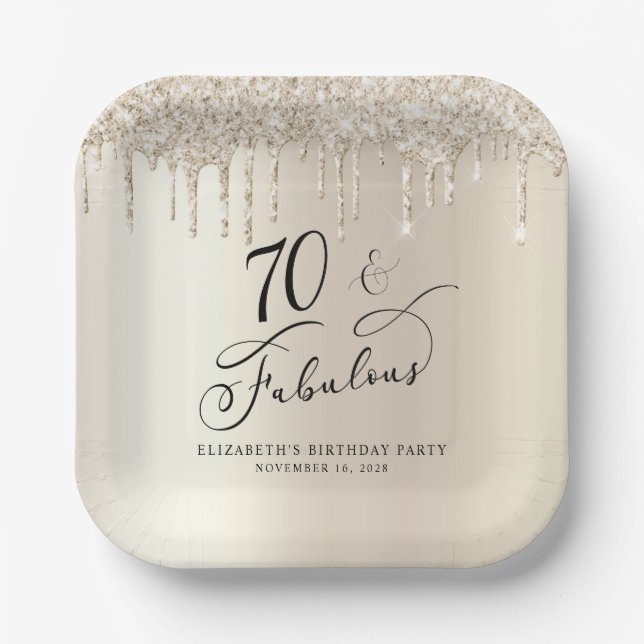 Elegant Gold Glitter 70th Birthday Party Paper Plates (Front)
