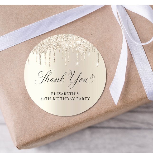 Elegant Gold Glitter 70th Birthday Party Thank You Classic Round Sticker (Creator Uploaded)
