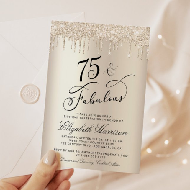 Elegant Gold Glitter 75th Birthday Party Invitation (Celebrate her 75 years of sparkle with an elegant gold glitter birthday party invitation  🎉 🎂 🥂)