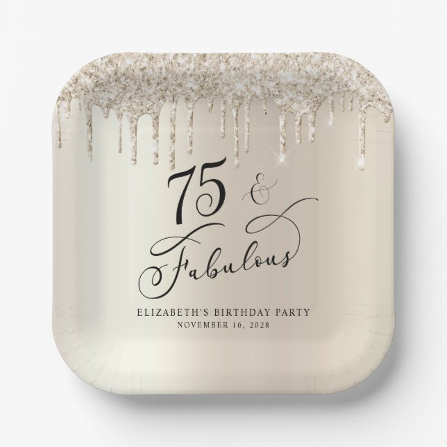 Elegant Gold Glitter 75th Birthday Party Paper Plates (Front)
