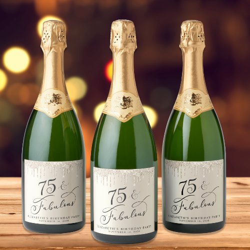 Elegant Gold Glitter 75th Birthday Party Sparkling Wine Label