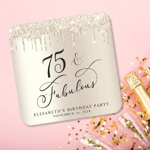 Elegant Gold Glitter 75th Birthday Party Square Paper Coaster