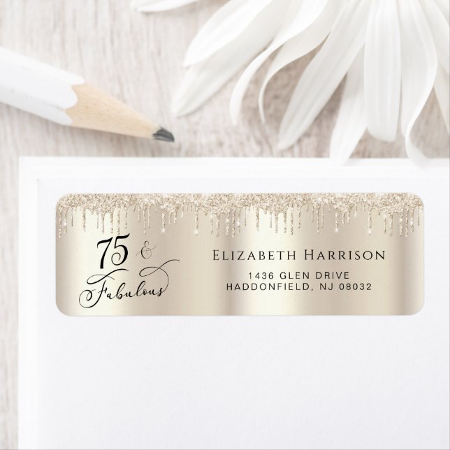 Elegant Gold Glitter 75th Birthday Return Address Label (Insitu)