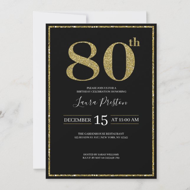 Elegant Gold Glitter 80th Birthday Invitation (Front)