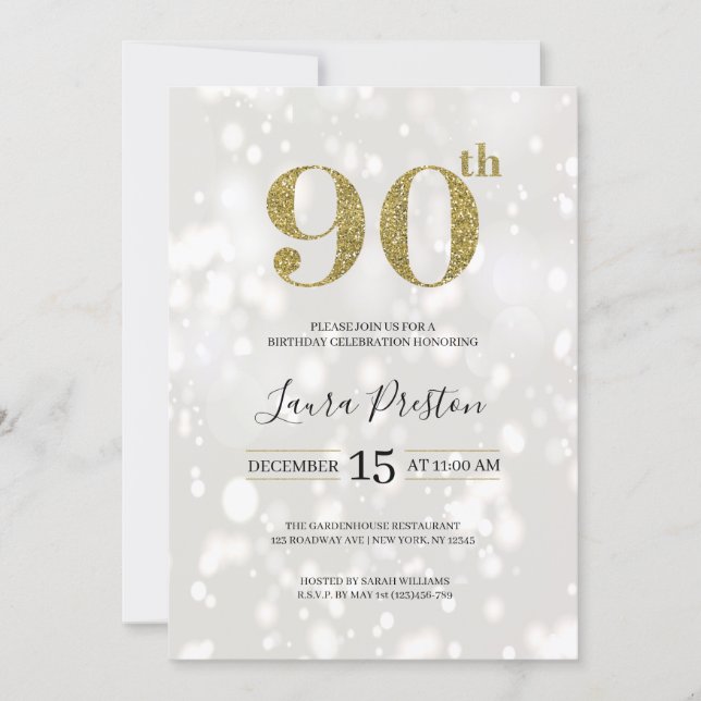 Elegant Gold Glitter 90th Birthday Invitation (Front)
