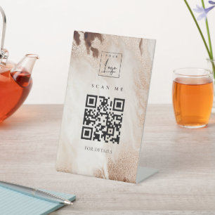 Elegant Gold Glitter Agate Marble QR Code Logo Pedestal Sign