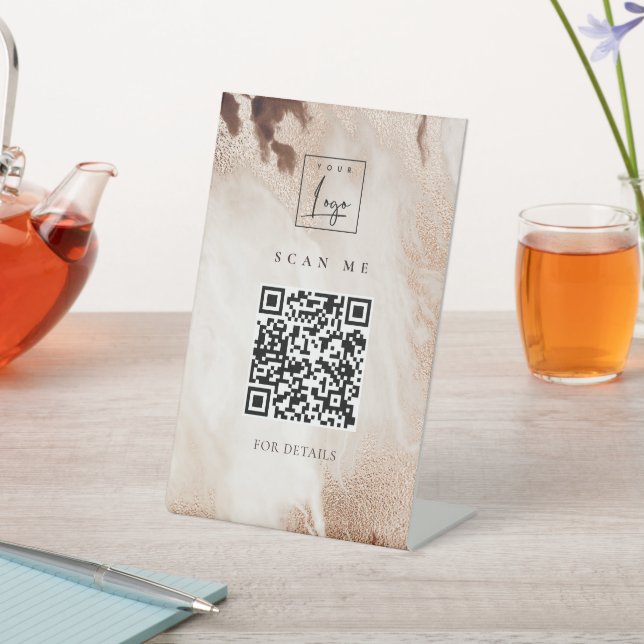 Elegant Gold Glitter Agate Marble QR Code Logo Pedestal Sign (In SItu)