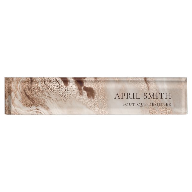 Elegant Gold Glitter Agate Marble Texture Beige De Desk Name Plate (Front)
