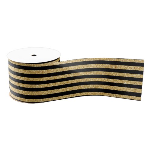 Elegant Gold Glitter and Black Stripe Pattern Grosgrain Ribbon