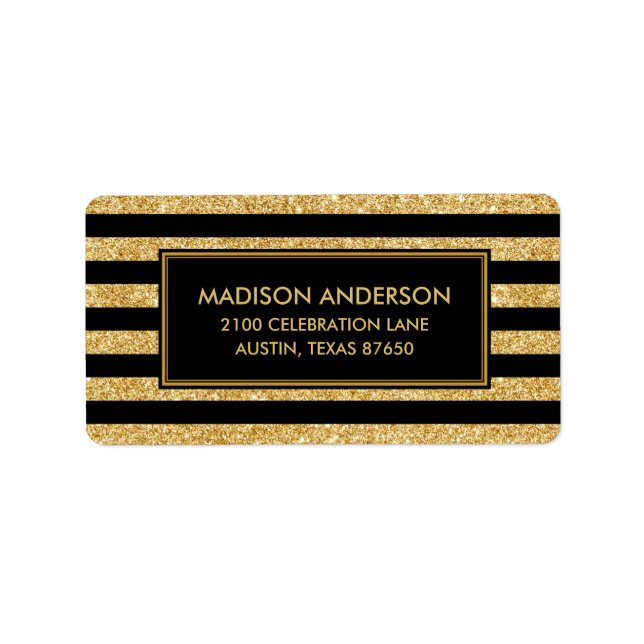 Elegant Gold Glitter and Black Stripe Pattern Label (Front)