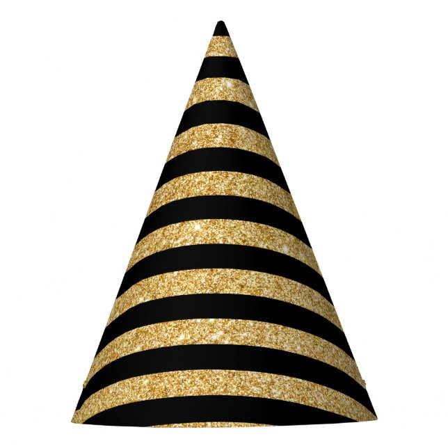 Elegant Gold Glitter and Black Stripe Pattern Party Hat (Front)