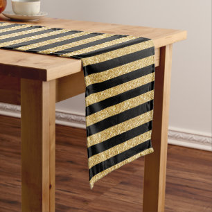 Elegant Gold Glitter and Black Stripe Pattern Short Table Runner