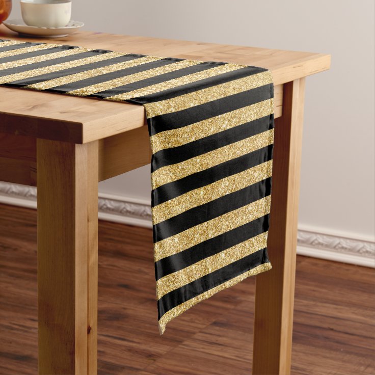 Elegant Gold Glitter and Black Stripe Pattern Short Table Runner | Zazzle