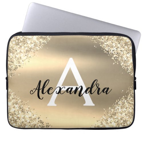 Elegant Gold Glitter and Sparkle Monogram Laptop Sleeve