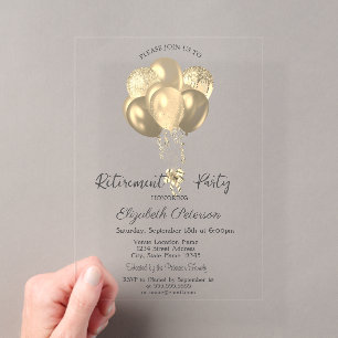 Elegant Gold Glitter Balloons Simple Retirement Acrylic Invitations