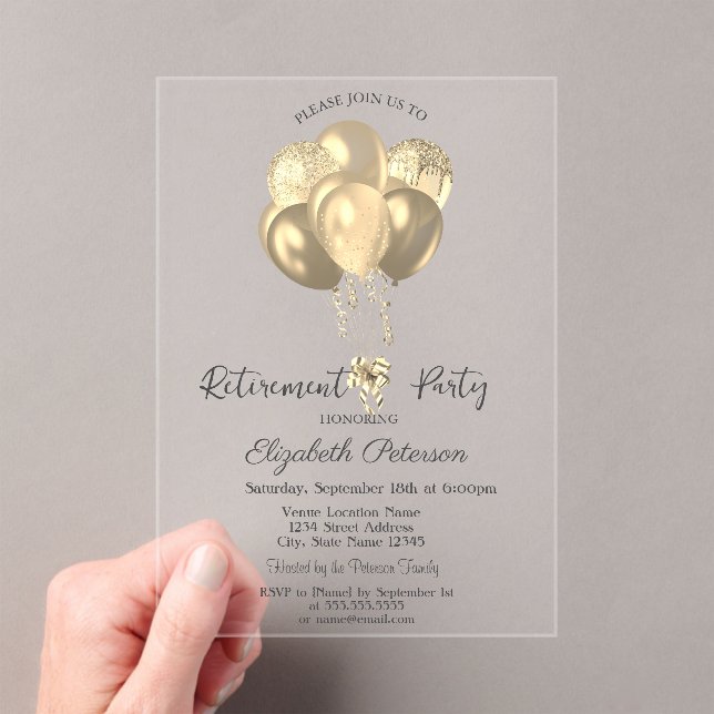 Elegant Gold Glitter Balloons Simple Retirement Acrylic Invitations (Insitu (Handheld))