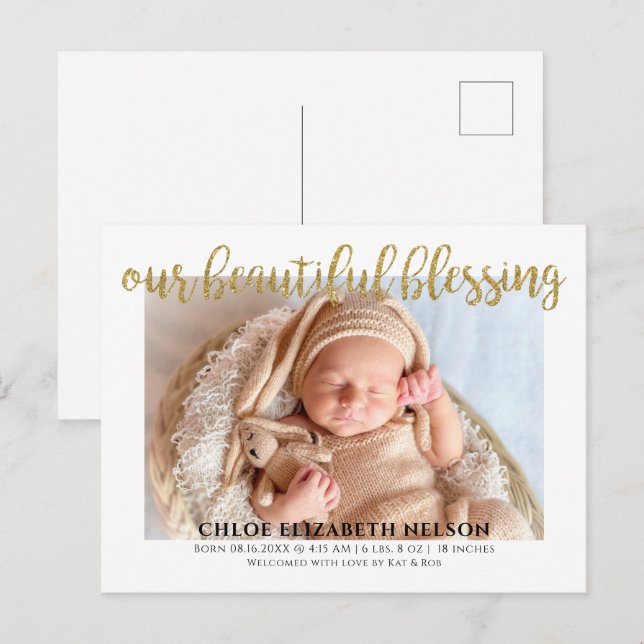 Elegant Gold Glitter Beautiful Blessing Baby Birth Postcard (Front/Back)