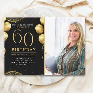 Elegant Gold Glitter Birthday 60th With Photo Invitation