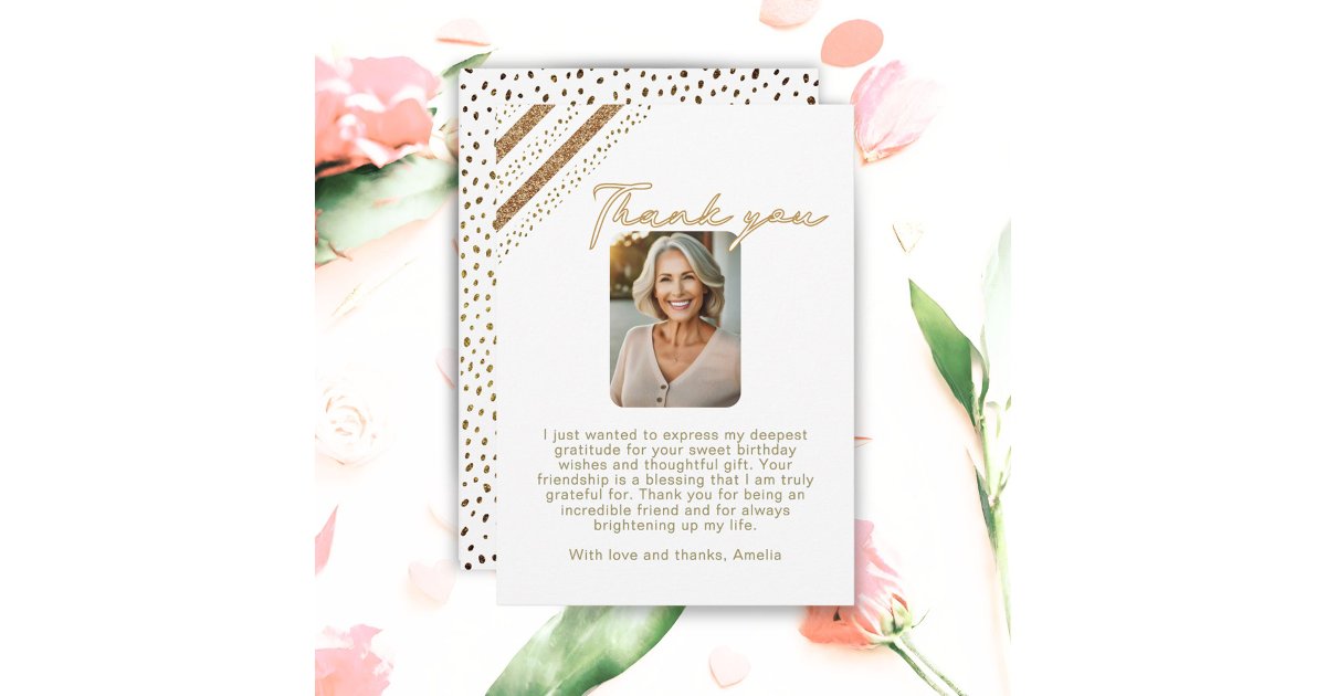 Elegant Gold Glitter Birthday Photo Thank You Card | Zazzle