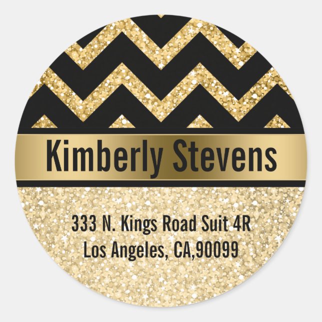 Elegant Gold Glitter Black Chevron Gold Accents Classic Round Sticker (Front)