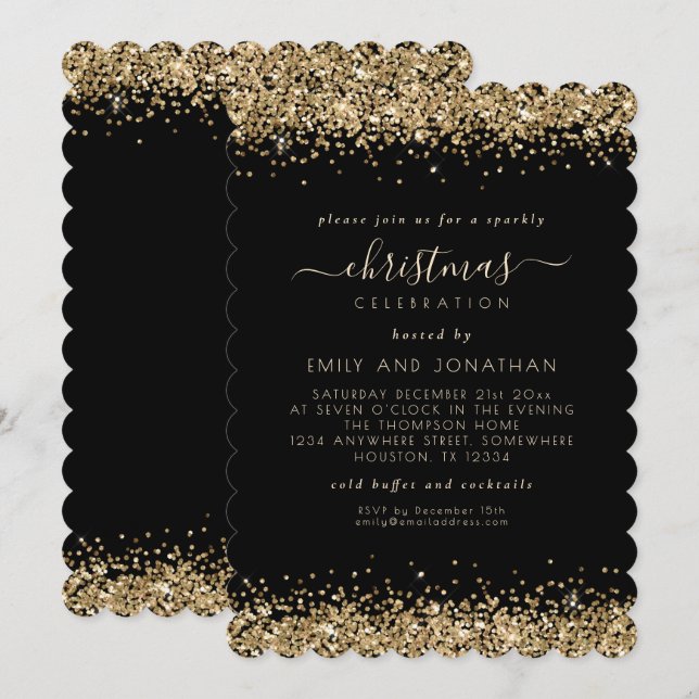 Elegant Gold Glitter Black Christmas Party Invitation (Front/Back)