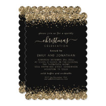 Elegant Gold Glitter Black Christmas Party Invitation