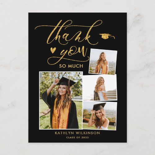 Elegant Gold Glitter Black Graduation Thank You Postcard