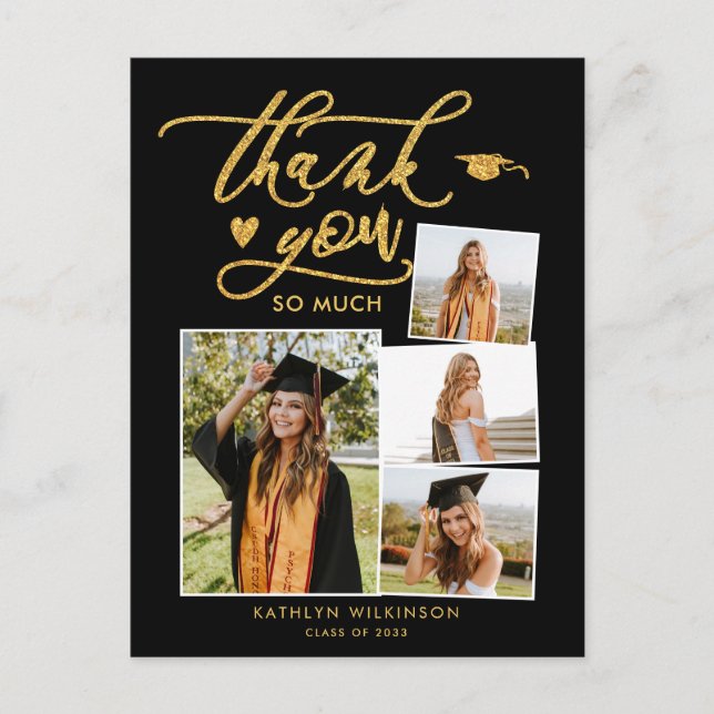 Elegant Gold Glitter Black Graduation Thank You Postcard (Front)