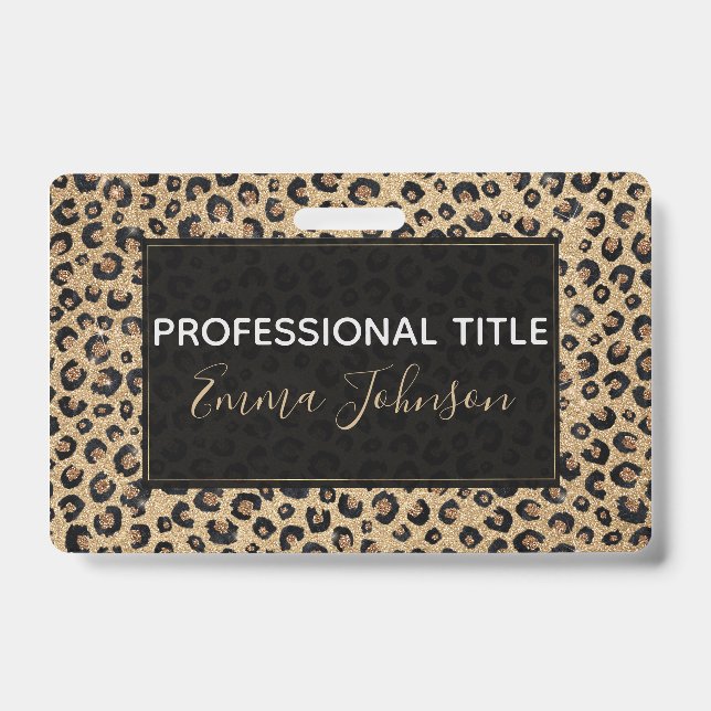 Elegant Gold Glitter Black Leopard Print Badge (Front)