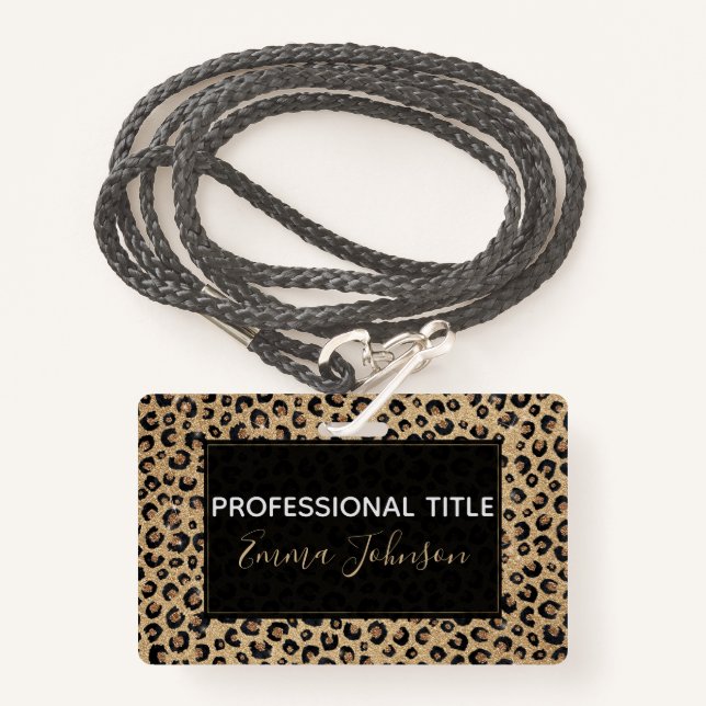Elegant Gold Glitter Black Leopard Print Badge (Front with Lanyard)