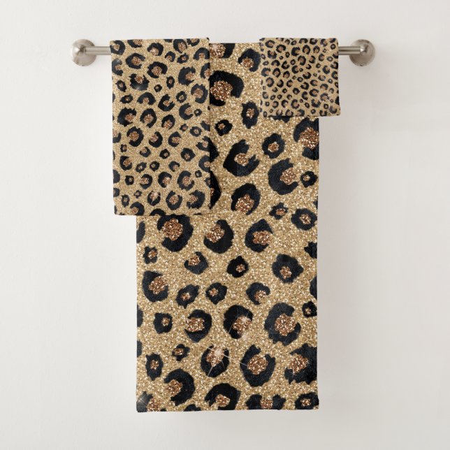 Elegant Gold Glitter Black Leopard Print Bath Towel Set (Insitu)