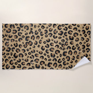 Elegant Gold Glitter Black Leopard Print Beach Towel