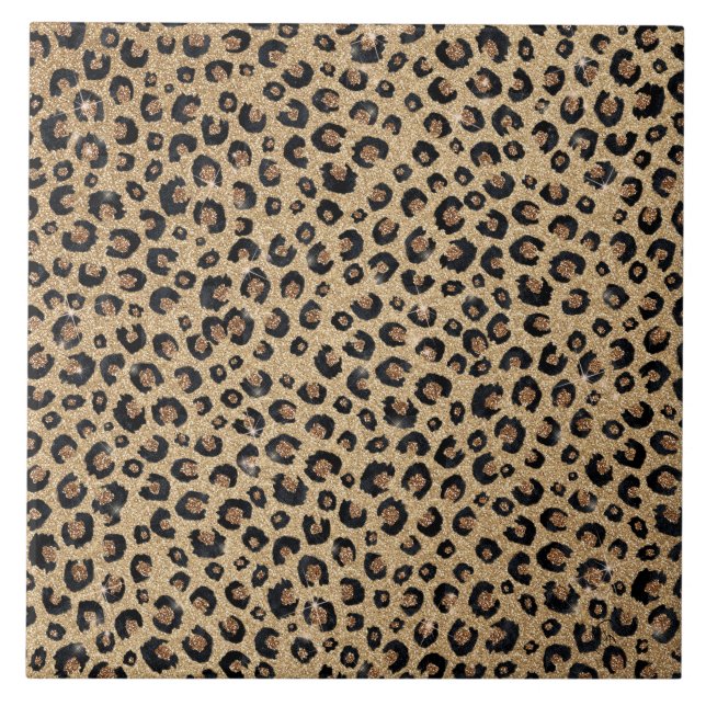 Elegant Gold Glitter Black Leopard Print Ceramic Tile (Front)