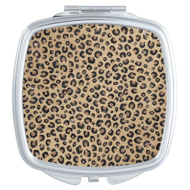 Elegant Gold Glitter Black Leopard Print Compact Mirror (Front)