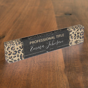 Elegant Gold Glitter Black Leopard Print Desk Name Plate