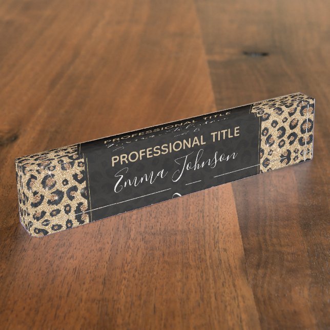Elegant Gold Glitter Black Leopard Print Desk Name Plate (Side)