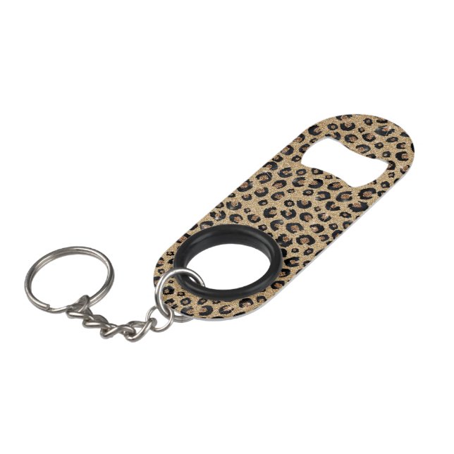 Elegant Gold Glitter Black Leopard Print Keychain Bottle Opener (Front Angled)