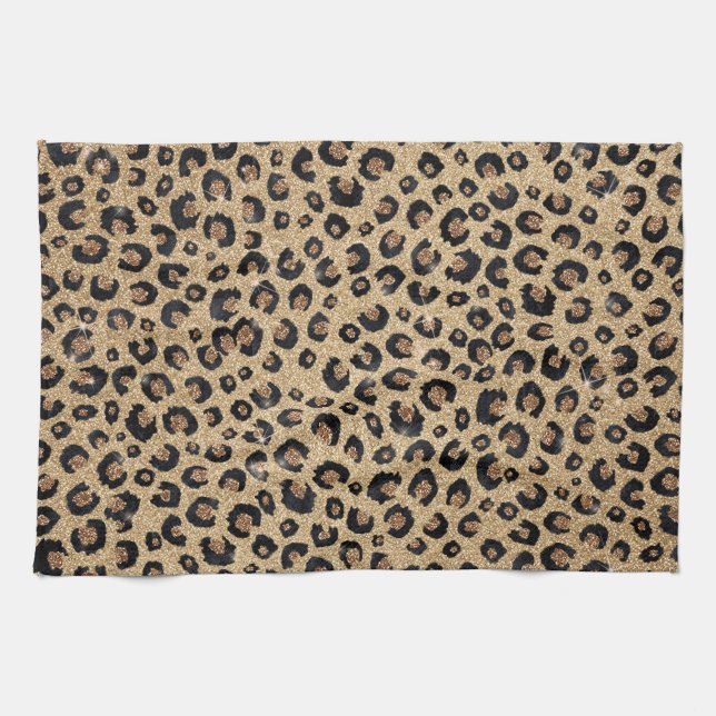 Elegant Gold Glitter Black Leopard Print Kitchen Towel (Horizontal)