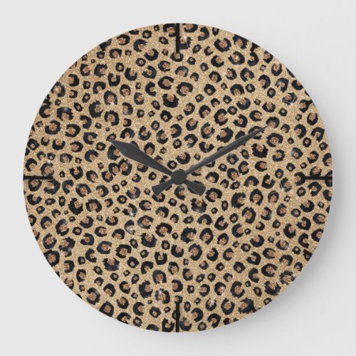 Elegant Gold Glitter Black Leopard Print Large Clock