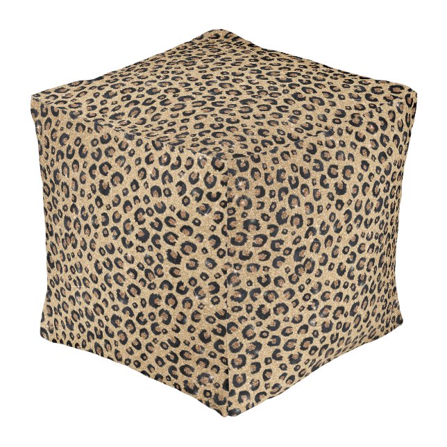 Elegant Gold Glitter Black Leopard Print Pouf (Angled Front)