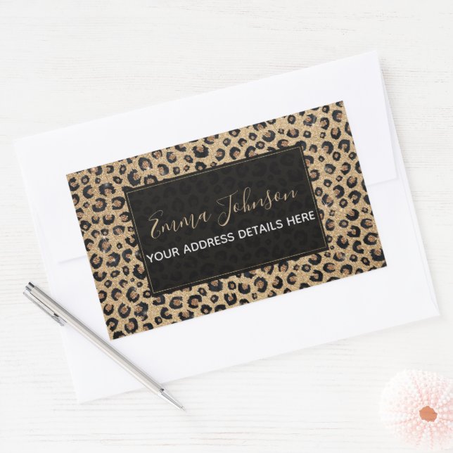 Elegant Gold Glitter Black Leopard Print Rectangular Sticker (Envelope)