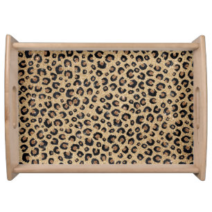 Elegant Gold Glitter Black Leopard Print Serving Tray